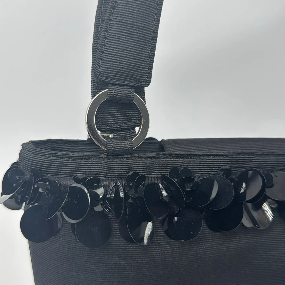 TALBOTS BLACK GROSGRAIN SATIN & BIG DANGLE‎ SEQUINS, BEADED BAG, HANDBAG